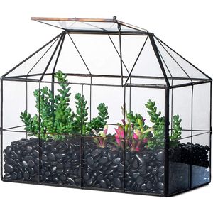 Zwart geometrisch glas plantenterras (25x13,5x20cm) handgemaakte rasterhuisvorm plantenbak voor vetplanten cactussen luchtplanten, modern thuistafelblad helder containerdecor middelpunt (geen planten)