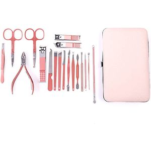 manicureset, pedicureset, 18-delige nagelschaartje, nagelverzorging, nagelknipperkoffer, nageletui, nagelknipperset, reisbeautykit, roestvrij staal met leren etui (roze) (7020J-18)
