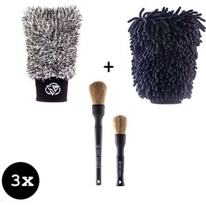 Shiny Bandits Chenille Washandschoen + Microvezel washandschoen + exterieur detail borstels - Set van 3 - Hoog Absorptievermogen - Voorkom Waskrassen - Microfiber - Auto Velgen - Autolak - Voor Lak en Velgen