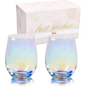 Wijnglas zonder steel, wijnglazen, regenboogglazen, groot glas rode wijn of witte wijn, set van 2, iriserende glazen, cadeau voor mama, verjaardag, vrouwen, haar, zus, dochter, vrienden, collega's