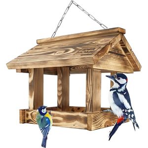 Vogelvoederhuis, hout, vogelhuis aan een ketting, vogelhuis om op te hangen, voederstation voor het hele jaar door voor wilde vogels