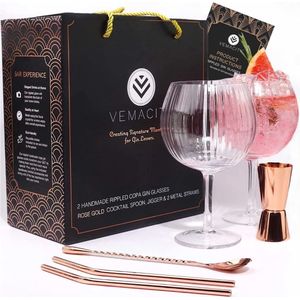 Gecanneleerde Gin Glazen Set | 2 handgemaakte gin-tonic glazen roségouden staaflepel dubbele maatbeker 2 metalen rietjes met cocktailglazen Recept E-Book Gin Tonic Glass Style 2023