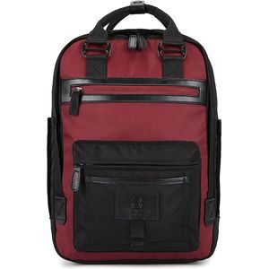 Moderne, eenvoudige en unisex 'Wimbledon' rugzak in zwart en bordeaux rood met een klassiek design in de Scandinavische stijl – perfect voor 13–inch laptops