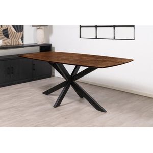 Floor tafel met gecurved Mango houten blad van 220 x 100 cm met facetrand aan onderzijde. Bladkleur bruin gezandstraald. Onderstel is een spinpoot in de kleur zwart.