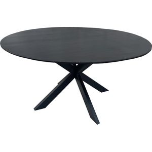 Floor vergadertafel met rond Mango houten blad, doorsnede 150 cm. met facetrand aan onderzijde. Bladkleur zwart glad afgewerkt. Onderstel is een spinpoot in de kleur zwart.
