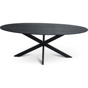 Floor tafel met ovale Mango houten blad van 300 x 110 cm met facetrand aan onderzijde. Bladkleur zwart gezandstraald afgewerkt. Onderstel is een spinpoot in de kleur zwart.