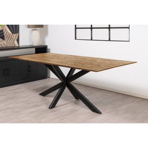 Floor tafel met rechthoekig Mango houten blad van 220 x 100 cm met facetrand aan onderzijde. Bladkleur naturel gezandstraald afgewerkt. Onderstel is een spinpoot in de kleur zwart.