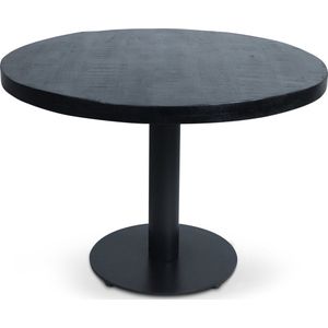 Parel eettafel met mango houten rond tafelblad zwart afgewerkt met een doorsnede van 130 cm. en 1 zwarte ronde poot op een extra stevige ronde grondplaat.