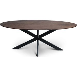 Floor tafel van 200 x 100 cm met ovale Mango houten blad met facetrand aan onderzijde. Bladkleur bruin gezandstraald afgewerkt. Onderstel is een spinpoot in de kleur zwart.
