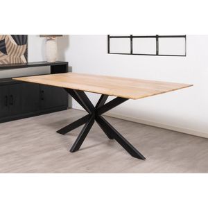 Floor vergadertafel van 180 x 90 cm met rechthoekig Mango houten blad met facetrand aan onderzijde. Bladkleur naturel glad afgewerkt. Onderstel is een spinpoot in de kleur zwart.