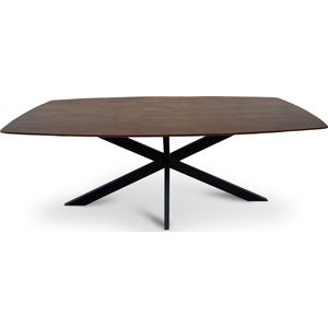 Floor vergadertafel van 200 x 100 cm met gecurved Mango houten blad met facetrand aan onderzijde. Bladkleur bruin glad afgewerkt. Onderstel is een spinpoot in de kleur zwart.
