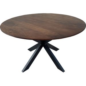 Floor vergadertafel met rond Mango houten blad, doorsnede 130 cm. met facetrand aan onderzijde. Bladkleur bruin glad afgewerkt. Onderstel is een spinpoot in de kleur zwart.