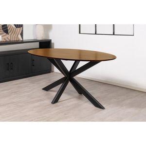 Floor tafel met ovale Mango houten blad van 180 x 90 cm met facetrand aan onderzijde. Bladkleur bruin glad afgewerkt. Onderstel is een spinpoot in de kleur zwart.