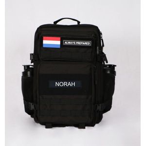 Backpack gepersonaliseerd met jouw eigen naam | Waterdicht | Rugzak | Rugtas | CrossFit | Dagrugzak | Wandelen | Hike rugzak | Schooltas | 45 Liter | Zwart | Naampatch 11x3 CM