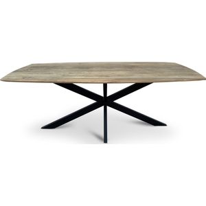 Floor tafel met gecurved Mango houten blad van 300 x 110 cm met facetrand aan onderzijde. Bladkleur naturel glad afgewerkt. Onderstel is een spinpoot in de kleur zwart.