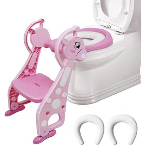 Toilettrainer met trap - Zindelijkheidstraining Toiletbril Toiletbril Kindertoiletstoel Kindertoilettraining voor 2-7 jaar Kinderen met 2 kussens (roze)