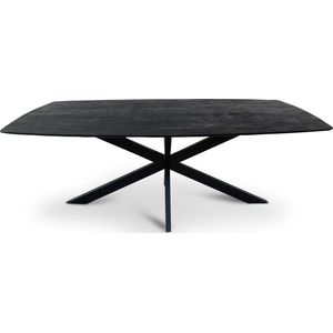 Floor vergadertafel van 200 x 100 cm met gecurved Mango houten blad met facetrand aan onderzijde. Bladkleur zwart glad afgewerkt. Onderstel is een spinpoot in de kleur zwart.