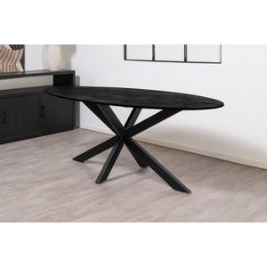 Floor tafel met ovale Mango houten blad van 180 x 90 cm met facetrand aan onderzijde. Bladkleur zwart gezandstraald afgewerkt. Onderstel is een spinpoot in de kleur zwart.