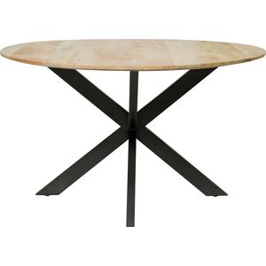 Floor tafel met rond Mango houten blad, doorsnede 150 cm met facetrand aan onderzijde. Bladkleur naturel gezandstraald. Onderstel is een spinpoot in de kleur zwart.
