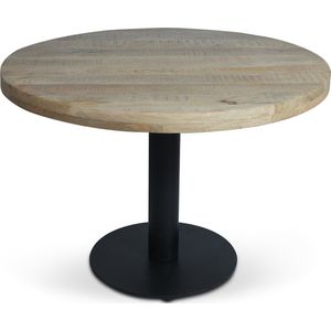 Parel eettafel met mango houten rond tafelblad naturel afgewerkt met een doorsnede van 110 cm. en 1 zwarte ronde poot op een extra stevige ronde grondplaat.