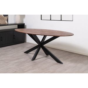 Floor tafel met ovale Mango houten blad van 240 x 100 cm met facetrand aan onderzijde. Bladkleur bruin gezandstraald afgewerkt. Onderstel is een spinpoot in de kleur zwart.