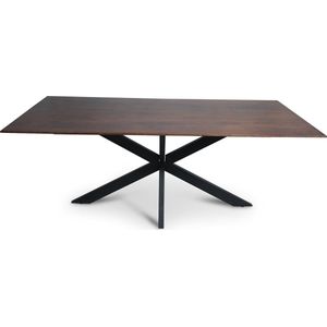Floor vergadertafel van 200 x 100 cm met rechthoekig Mango houten blad met facetrand aan onderzijde. Bladkleur bruin glad afgewerkt. Onderstel is een spinpoot in de kleur zwart.