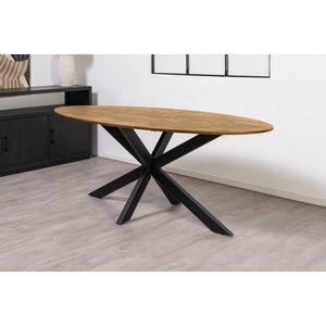 Floor tafel met ovale Mango houten blad van 240 x 100 cm met facetrand aan onderzijde. Bladkleur naturel gezandstraald afgewerkt. Onderstel is een spinpoot in de kleur zwart.