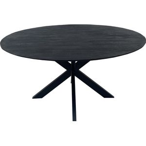 Floor tafel met rond Mango houten blad, doorsnede 150 cm. met facetrand aan onderzijde. Bladkleur zwart gezandstraald. Onderstel is een spinpoot in de kleur zwart.