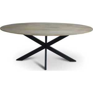 Floor tafel van 200 x 100 cm met ovale Mango houten blad met facetrand aan onderzijde. Bladkleur naturel gezandstraald afgewerkt. Onderstel is een spinpoot in de kleur zwart.