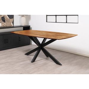Floor tafel met gecurved Mango houten blad van 180 x 90 cm met facetrand aan onderzijde. Bladkleur naturel gezandstraald. Onderstel is een spinpoot in de kleur zwart.