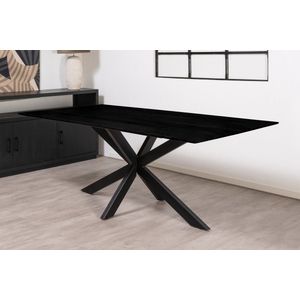 Floor vergadertafel van 240 x 100 cm met rechthoekig Mango houten blad met facetrand aan onderzijde. Bladkleur zwart glad afgewerkt. Onderstel is een spinpoot in de kleur zwart.