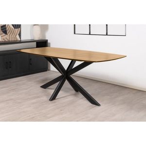 Floor tafel met gecurved Mango houten blad van 220 x 100 cm met facetrand aan onderzijde. Bladkleur naturel glad afgewerkt. Onderstel is een spinpoot in de kleur zwart.