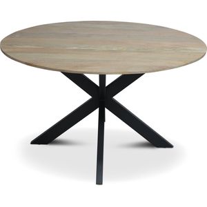 Floor vergadertafel met rond Mango houten blad, doorsnede 150 cm. met facetrand aan onderzijde. Bladkleur naturel glad afgewerkt. Onderstel is een spinpoot in de kleur zwart.