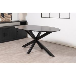 Floor tafel met ovale Mango houten blad van 220 x 100 cm met facetrand aan onderzijde. Bladkleur zwart glad afgewerkt. Onderstel is een spinpoot in de kleur zwart.