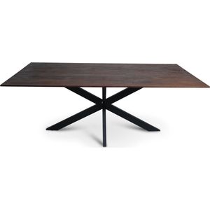 Floor vergadertafel met rechthoekig Mango houten blad met facetrand aan onderzijde. Bladkleur bruin gezandstraald afgewerkt. Onderstel is een spinpoot in de kleur zwart.