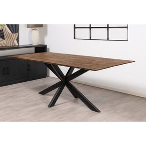 Floor tafel met rechthoekig Mango houten blad van 240 x 100 cm met facetrand aan onderzijde. Bladkleur bruin gezandstraald afgewerkt. Onderstel is een spinpoot in de kleur zwart.
