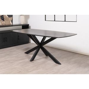 Floor tafel met gecurved Mango houten blad van 220 x 100 cm met facetrand aan onderzijde. Bladkleur zwart glad afgewerkt. Onderstel is een spinpoot in de kleur zwart.