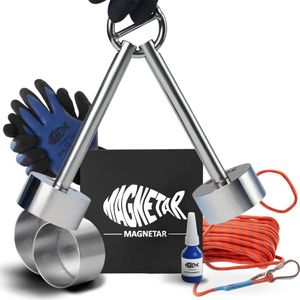 Magnetar Dubbele Vismagneet Pakket Hardcore - Complete Magneetvissen Set - 2x 600 kg Allround Neodymium Vis Magneet - Connector - 20m Magneetvis Touw - Waterdichte Handschoenen