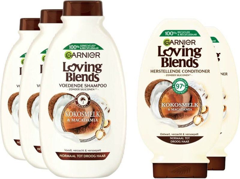 Garnier Loving Blends Kokosmelk en Macadamia - Shampoo - 3x 300 ml & Conditioner 2x 250 ml - Pakket
