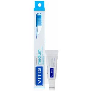 2x Vitis Medium Tandenborstel met Tandpasta 1 stuk