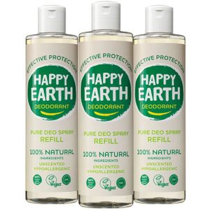 Happy Earth 100% Natuurlijke Deo Spray Navulling Unscented - 3 x 300 ml - Voordeelverpakking