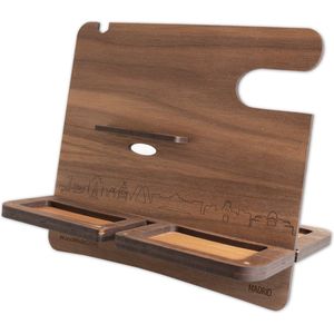 Skyline Desk Organizer Madrid - Noten - Bureau Organizer - Telefoonhouder - Tablethouder - Smartwatch Houder - Sorteren spullen - WoodWideCities