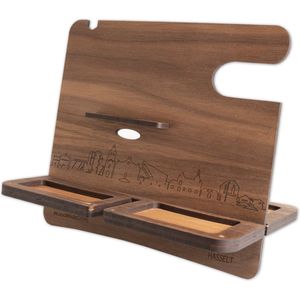 Skyline Desk Organizer Hasselt - Noten - Bureau Organizer - Telefoonhouder - Tablethouder - Smartwatch Houder - Sorteren spullen - WoodWideCities