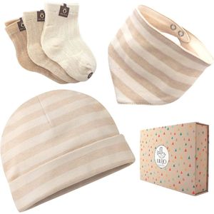 %100 Biologisch, Cadeau voor de geboorte - babycadeau voor meisjes en jongens - muts/halsdoek/sokken met wenskaart - 100% biologisch katoen, beige, 9 Stuks