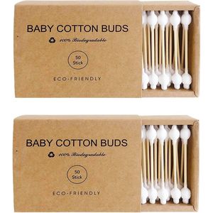 Baby Oorstokjes Set van 2 Dozen van 50 stuks - 100% recycleerbaar - Eco-friendly - Wattenstaafjes Speciaal Voor Baby´s - Babyvriendelijk - 100% Katoen - Schone Oortjes Baby