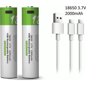 18650 Oplaadbare Li-ion Lithium Batterij Accu USB-C - 2000mAh - 3.7V - Makkelijk oplaadbaar - USB C - Type-C 2-in-1 kabel - 2 Stuks