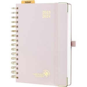 Daily Planner 2023 2024 A5, 12 Maanden Agenda Aug.23 tot Jul.24, 1 Dag 1 Pagina, Spiraalplanner 2023/2024, 80 Grams FSC® Papier - Lichtroze