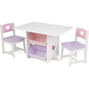 set van houten tafel met 2 stoelen en opbergbakken, meubels voor de kinderslaapkamer of speelkamer, wit met pastelkleuren