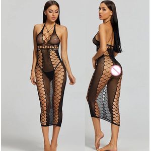 Bodystocking- jurk-Zwart-Visnet-Lang-Sexy-Erotisch-Doorschijnend-Dames lingerie