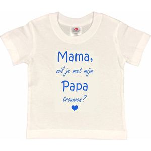 T-shirt Kinderen ""Mama, wil je met mijn papa trouwen?"" | korte mouw | wit/blauw | maat 110/116 (XS)